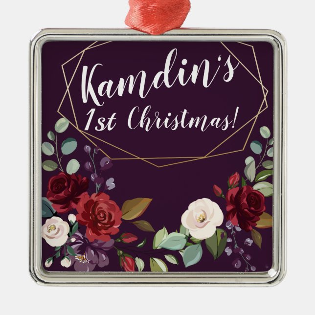 Personalised Plum Purple Roses Gold Geometric Flor Metal Ornament (Front)