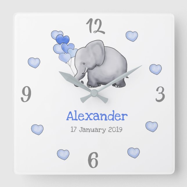Personalised Poetic Baby Balloons Elephant Nursery Square Wall Clock (Front)