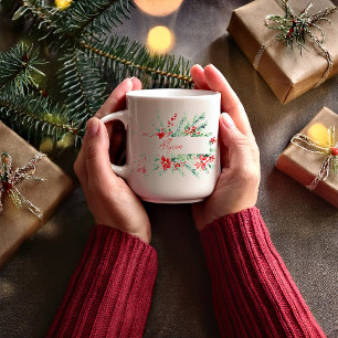 Personalised poinsettia and greenery Christmas Coffee Mug