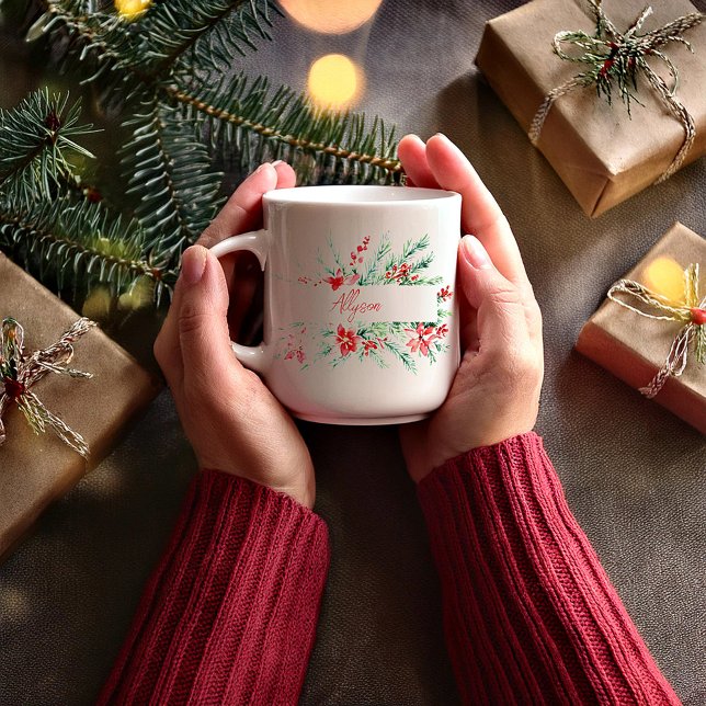 Personalised poinsettia and greenery Christmas Coffee Mug (Creator Uploaded)
