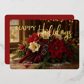 Personalised Poinsettia Bouquet Photo Gold Foil Holiday Card