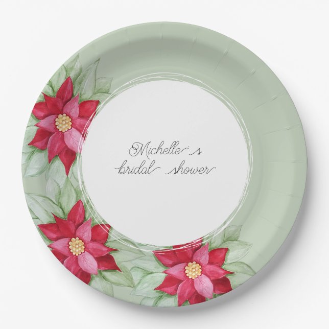 Personalised Poinsettia Watercolor Hand-painted Paper Plate (Front)