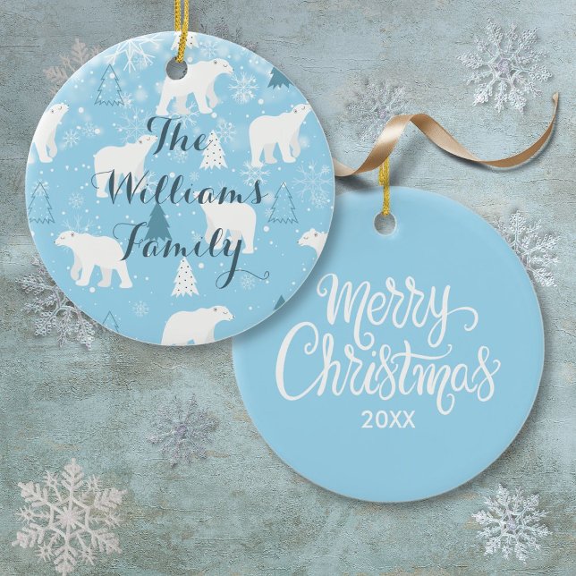 Personalised  Polar Bear Snowflakes Christmas Ceramic Ornament (Personalized Polar Bear Snowflakes Christmas Ceramic Ornament)