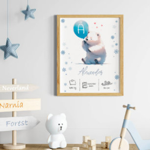 Personalised Polar bear with Balloons Nursery Poster