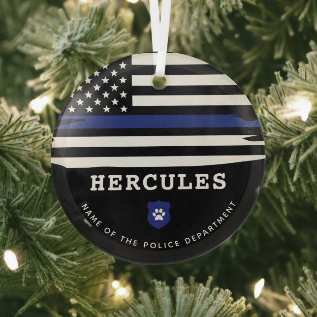 Personalised Police Dog K9 Officer Thin Blue Line Glass Tree Decoration (Insitu)