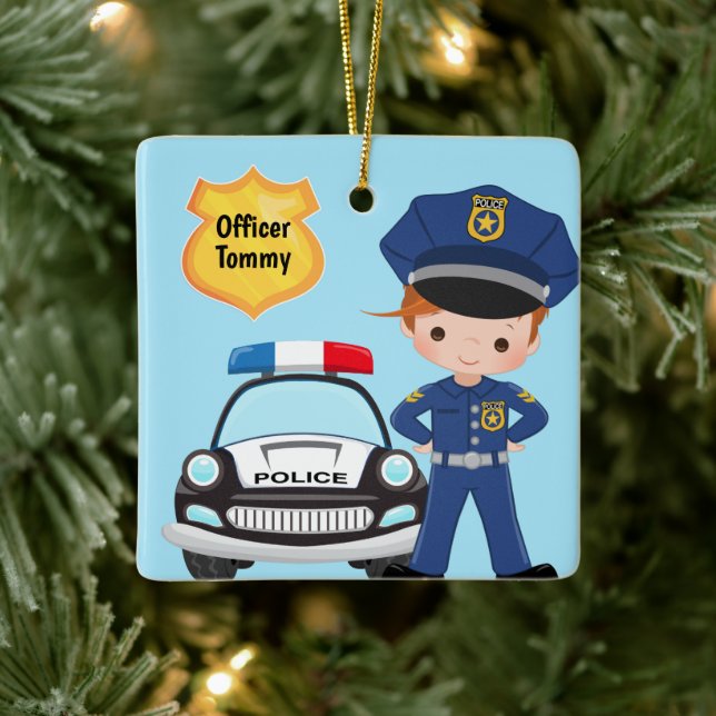 Personalised Police Officer and Patrol Car Kids Ceramic Ornament (Tree)