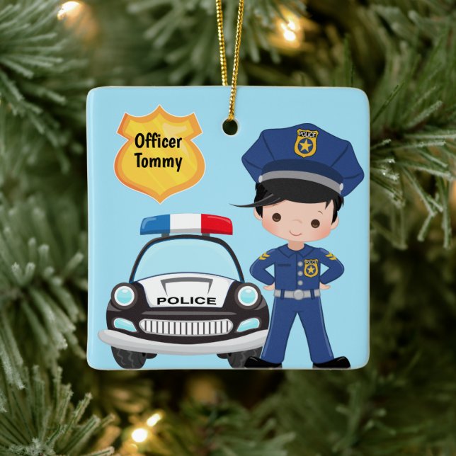 Personalised Police Officer and Patrol Car Kids Ceramic Ornament (Tree)