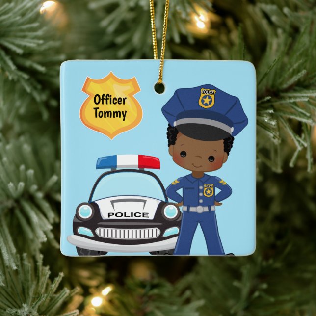 Personalised Police Officer and Patrol Car Kids Ceramic Ornament (Tree)