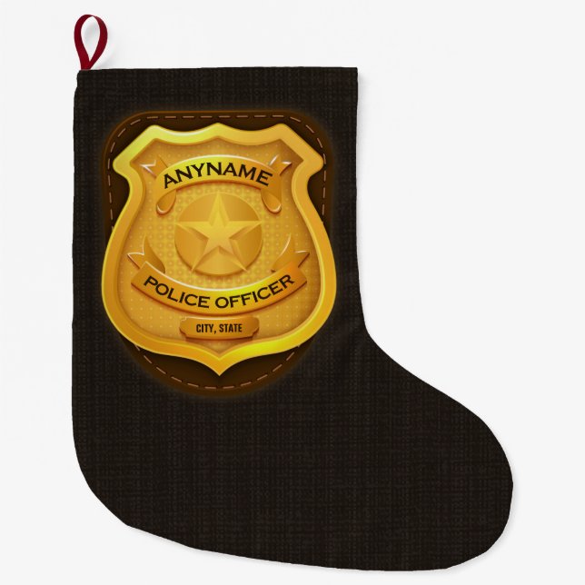 Personalised Police Officer Sheriff Cop NAME Badge Large Christmas Stocking (Front)