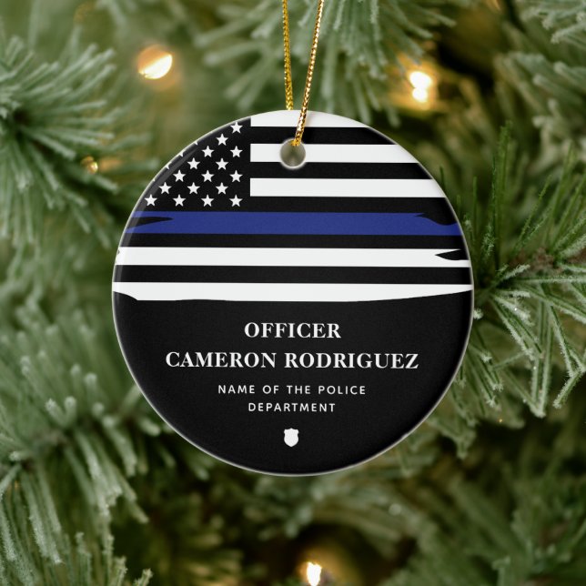 Personalised Police Officer Thin Blue Line Flag Ceramic Ornament (Tree)