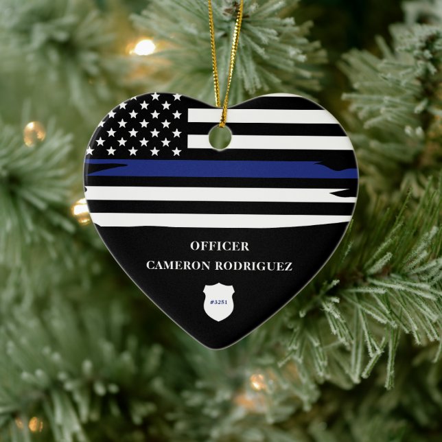 Personalised Police Officer Thin Blue Line Flag Ceramic Ornament (Tree)
