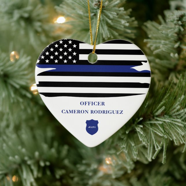 Personalised Police Officer Thin Blue Line Flag Ceramic Ornament (Tree)