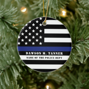 Personalised Police Officer Thin Blue Line US Flag Ceramic Ornament