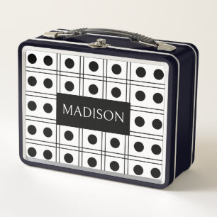 Personalised Polka Dot Black and White Chequered Metal Lunch Box