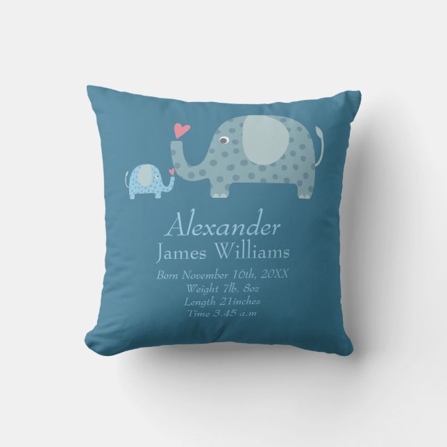 Personalised Polka Dot Elephants Baby Birth Stats Cushion (Front)