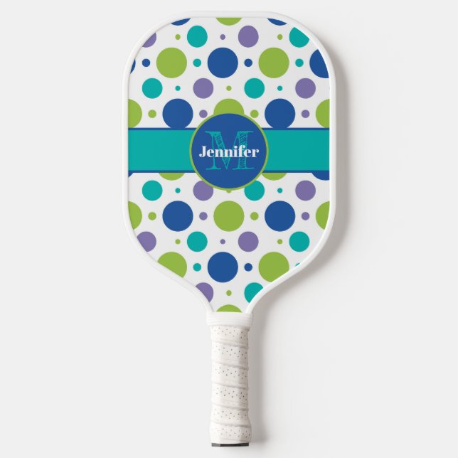Personalised Polka Dot Lime, Purple, Teal, Blue Pickleball Paddle (Front)