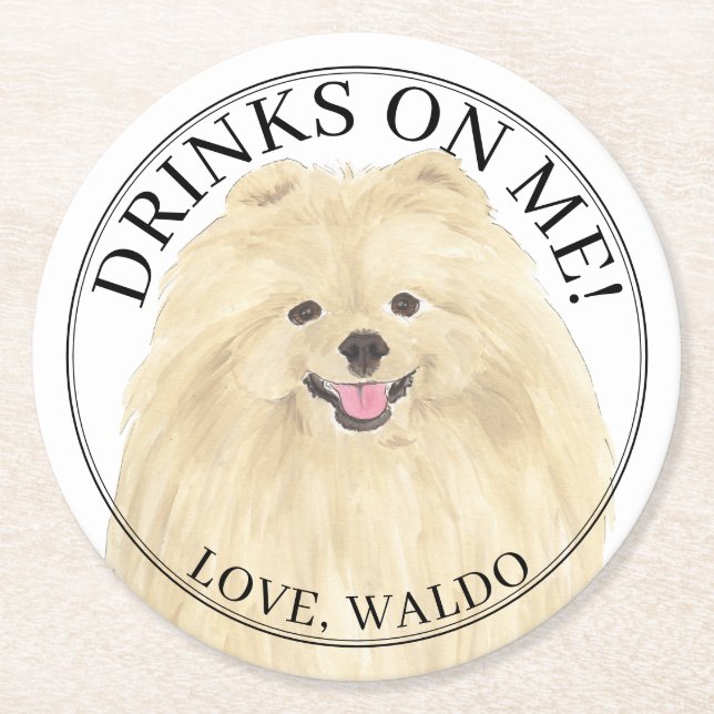 Personalised Pomeranian Dog Wedding Round Paper Coaster (Front)