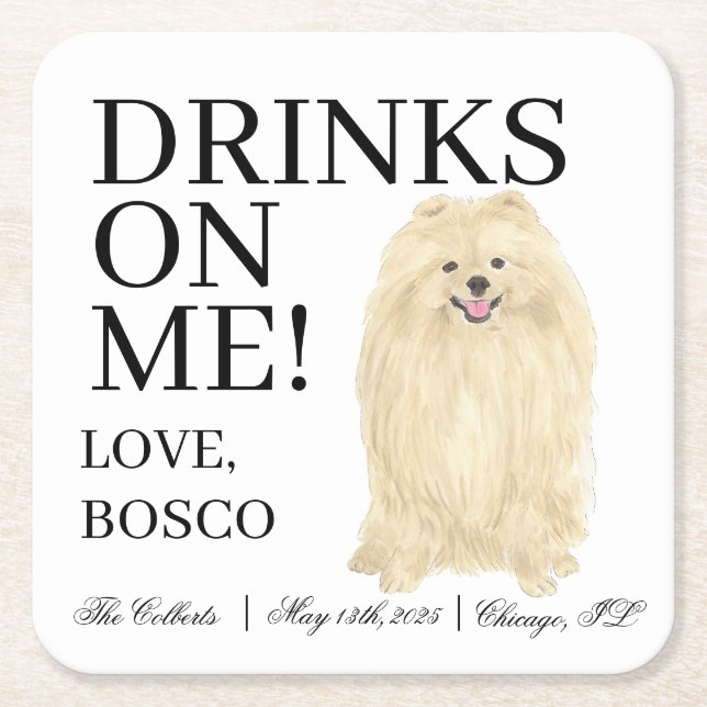 Personalised Pomeranian Dog Wedding Square Paper Coaster (Front)