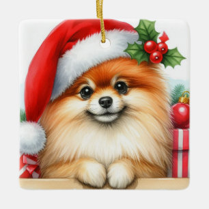 Personalised Pomeranian Wearing a Santa Hat  Ceramic Ornament