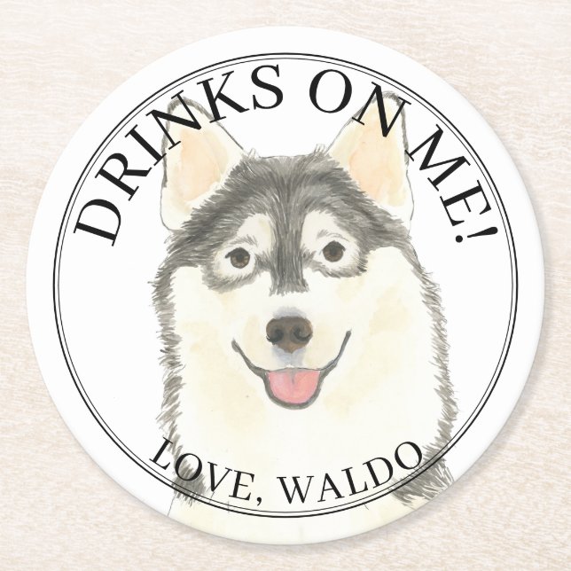 Personalised Pomsky Dog Wedding Round Paper Coaster (Front)