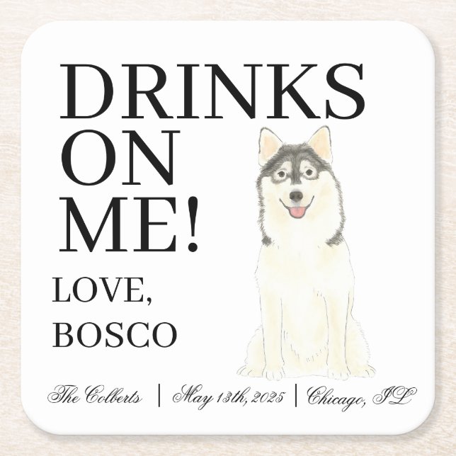 Personalised Pomsky Dog Wedding Square Paper Coaster (Front)