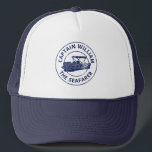 Personalised Pontoon Boat Owners Distressed Style Trucker Hat<br><div class="desc">This hat is ready to be personalised with a pontoon boat captain's name and a boat's name. It features an illustration of a pontoon boat in a cool distressed style in a dark navy blue colour. Makes a great gift for pontoon boat owners.</div>