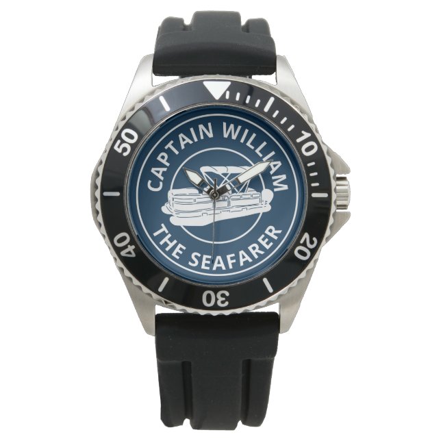 Personalised Pontoon Boat Owners White Navy Watch (Front)