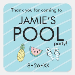 Personalised Pool birthday party summer icons Square Sticker