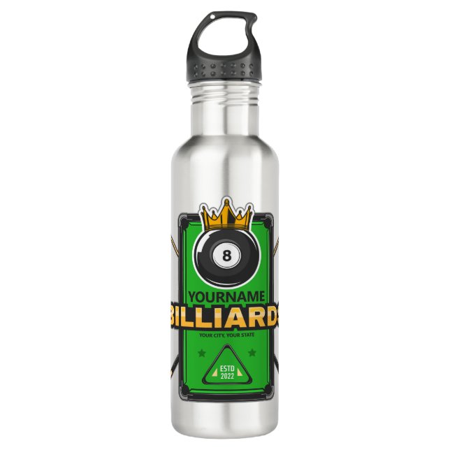 Personalised Pool Hall NAME 8 Ball Crown Billiards 710 Ml Water Bottle (Front)