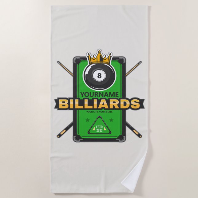 Personalised Pool Hall NAME 8 Ball Crown Billiards Beach Towel (Front)