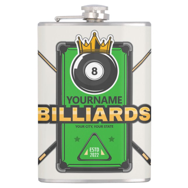 Personalised Pool Hall NAME 8 Ball Crown Billiards Hip Flask (Front)