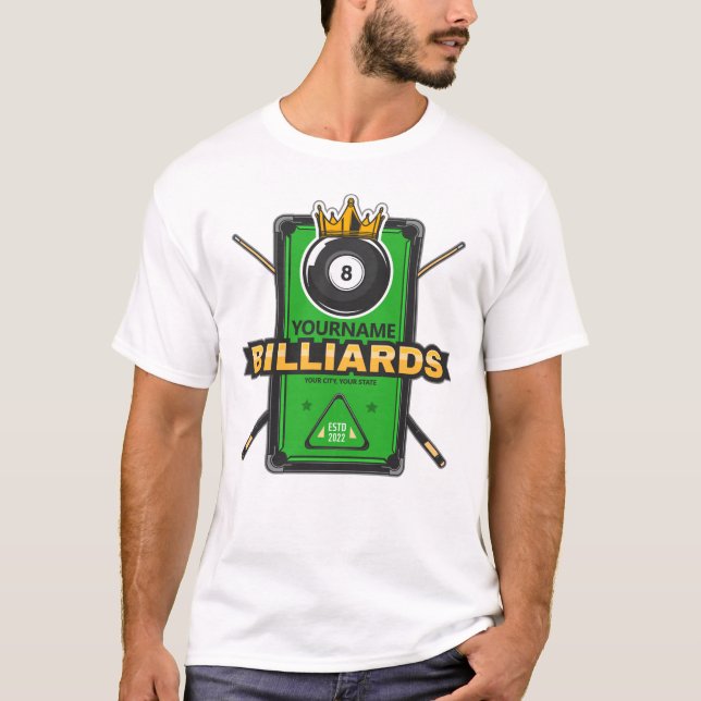 Personalised Pool Hall NAME 8 Ball Crown Billiards T-Shirt (Front)