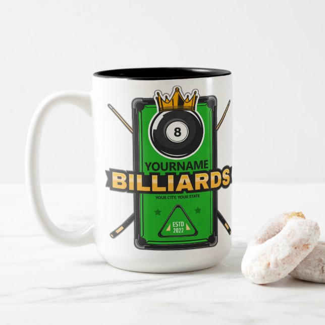 Personalised Pool Hall NAME 8 Ball Crown Billiards Two-Tone Coffee Mug (With Donut)