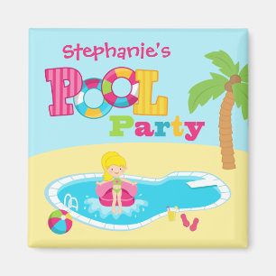 Personalised pool party girls birthday party magnet