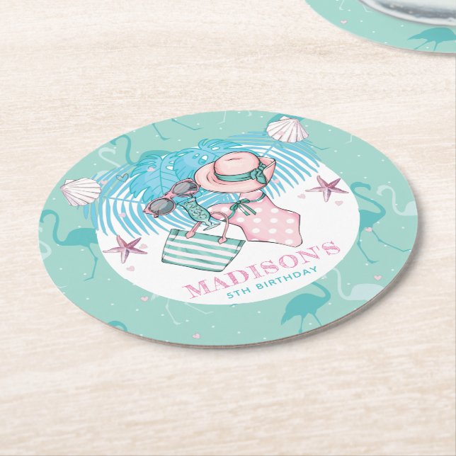 Personalised Pool Party  Round Paper Coaster (Angled)