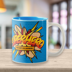 Personalised Pop Art Comic Book SUPERHERO Two-Tone Coffee Mug