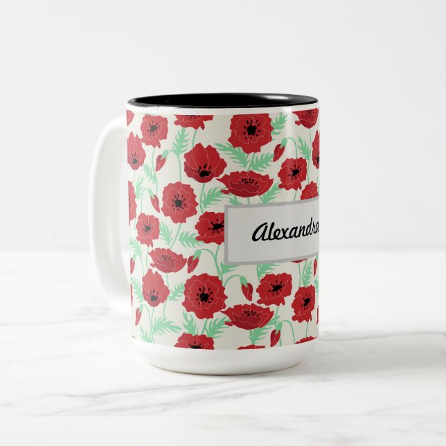 Personalised Poppy Design Two-Tone Coffee Mug (Front Left)