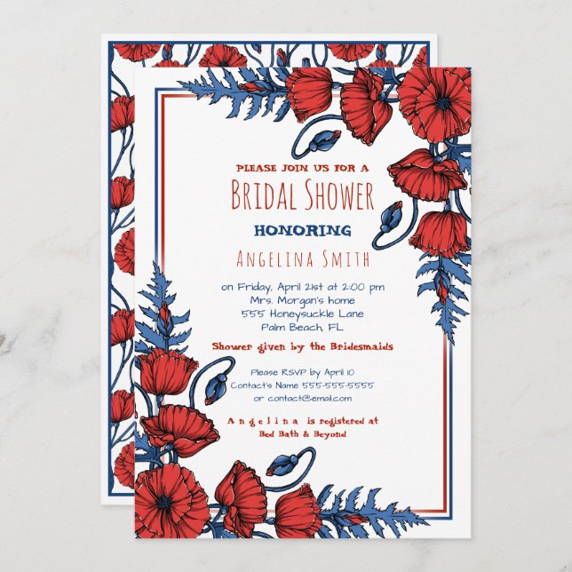 Personalised Poppy Floral Bridal Shower Invitation (Front/Back)
