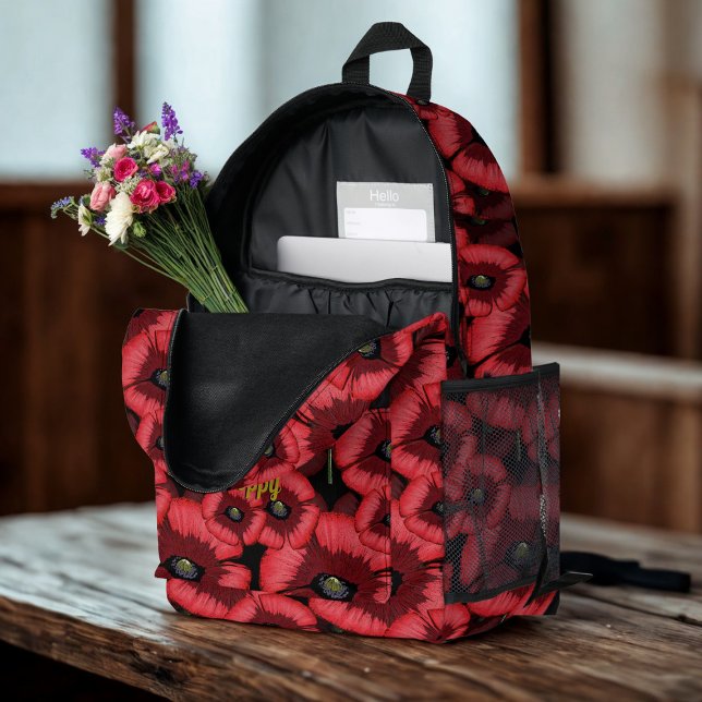 Personalised Poppy Pattern Red Floral Backpack (A pretty poppy pattern backpack to pop your name on.)