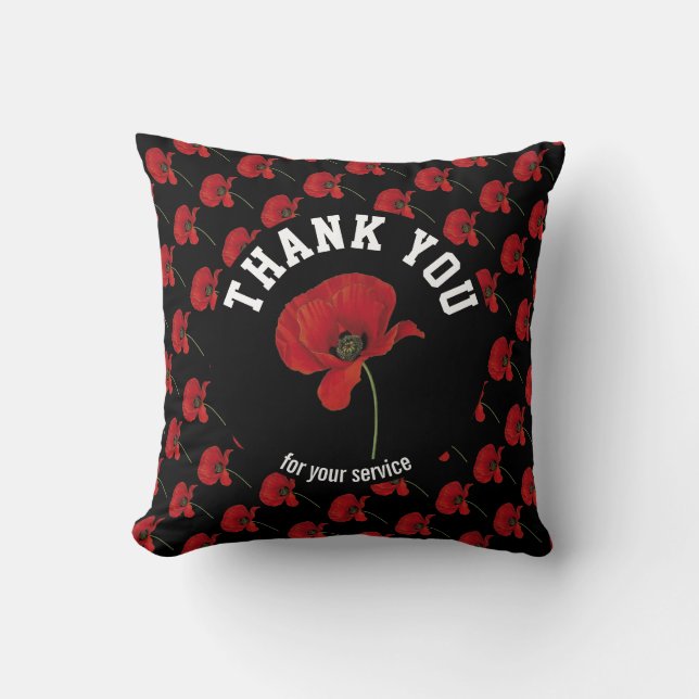 Personalised POPPY Remembrance Thank You BLACK Cushion (Front)