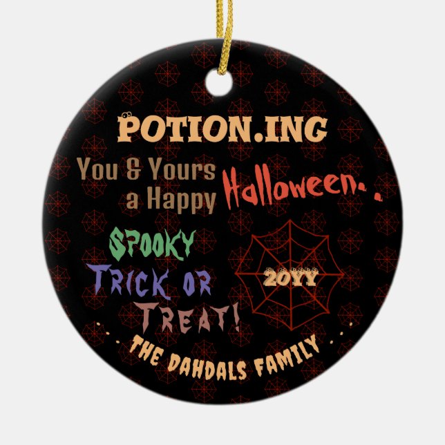 Personalised Potion Colourful Halloween Spiderweb Ceramic Ornament (Front)