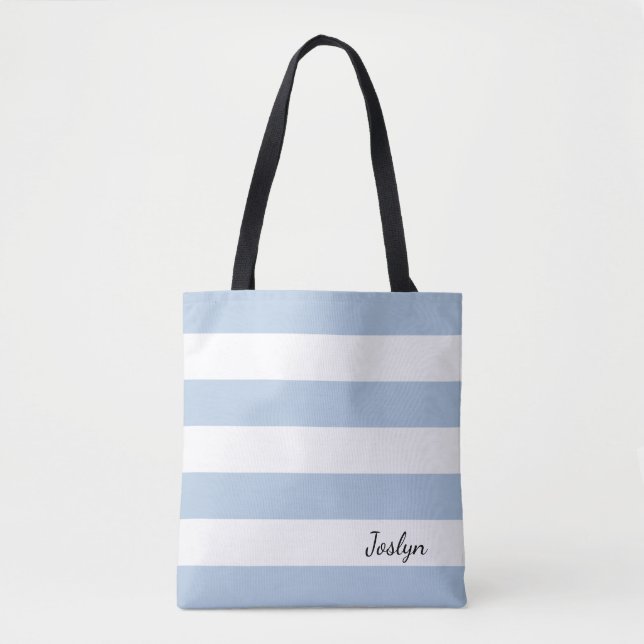 Personalised Powder Blue and White Striped Tote Bag (Front)