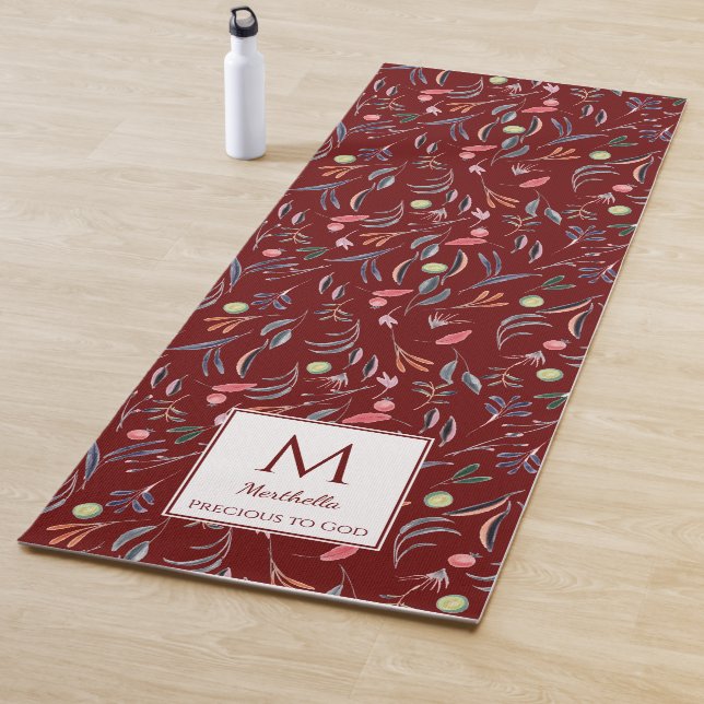Personalised PRECIOUS2GOD Deep Red Floral Monogram Yoga Mat (In Situ)