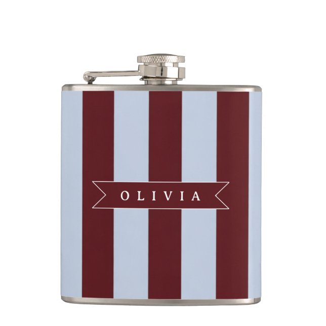 Personalised Preppy Brown Blue Cabana Stripe Hip Flask (Front)