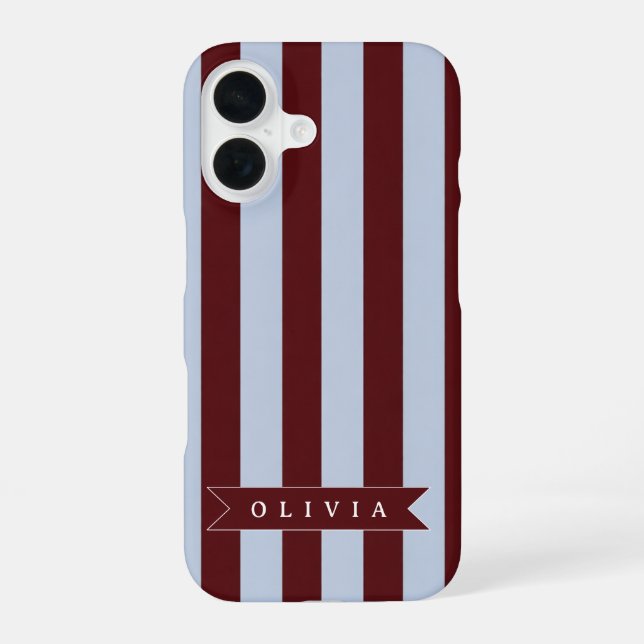 Personalised Preppy Brown Blue Cabana Stripe iPhone 16 Case (Back)