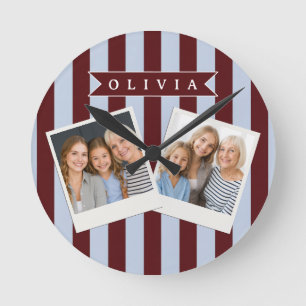 Personalised Preppy Brown Blue Cabana Stripe Round Clock