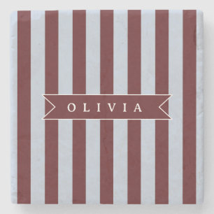 Personalised Preppy Brown Blue Cabana Stripe Stone Coaster