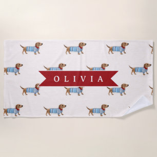 Personalised Preppy Cute Dachshund Dog Pattern Beach Towel