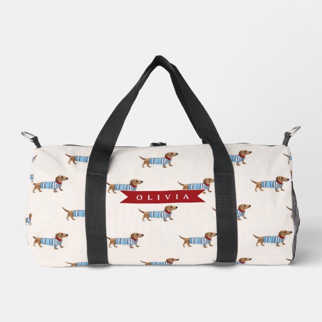 Personalised Preppy Cute Dachshund Dog Pattern Duffle Bag (Front)