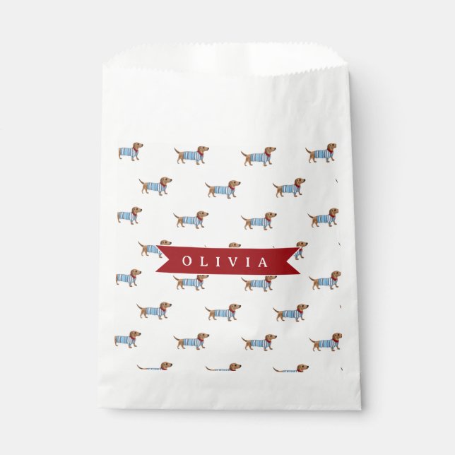 Personalised Preppy Cute Dachshund Dog Pattern Favour Bag (Front)